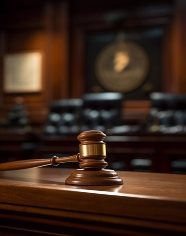 Law theme mallet of judge wooden gavel in courtroom